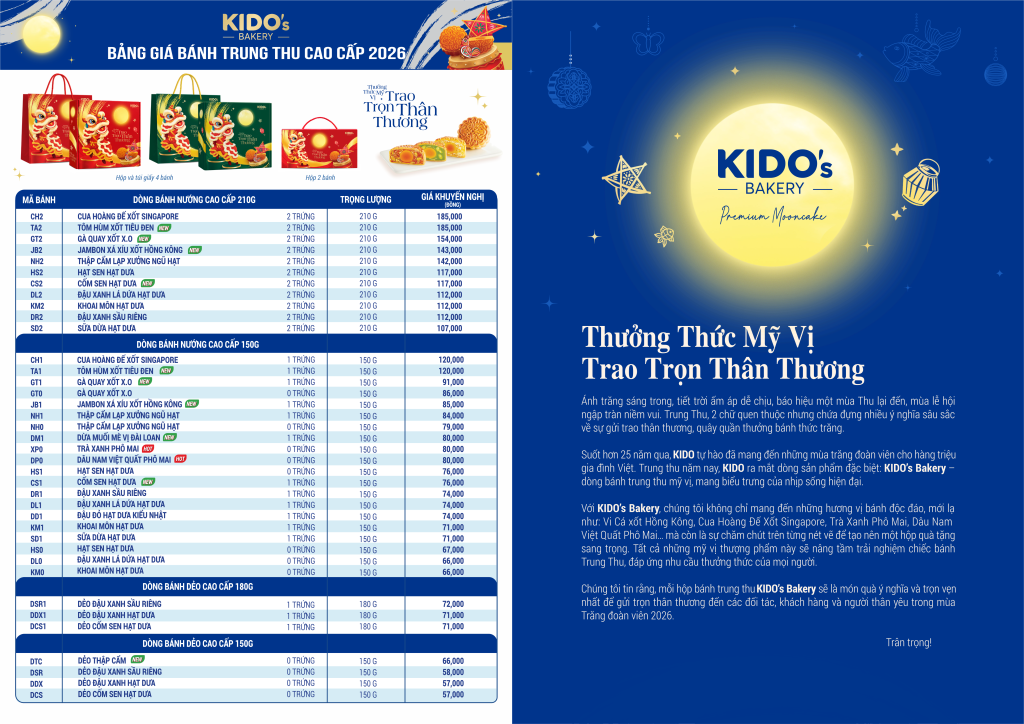 Bảng giá bánh trung thu Kido 2026